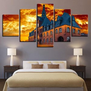 Retro Building Sunset 1 - Nature 5 Panel Canvas Art Wall Decor