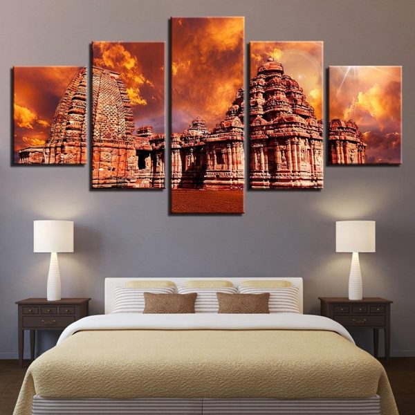 Retro Buildings Sunset - Nature 5 Panel Canvas Art Wall Decor