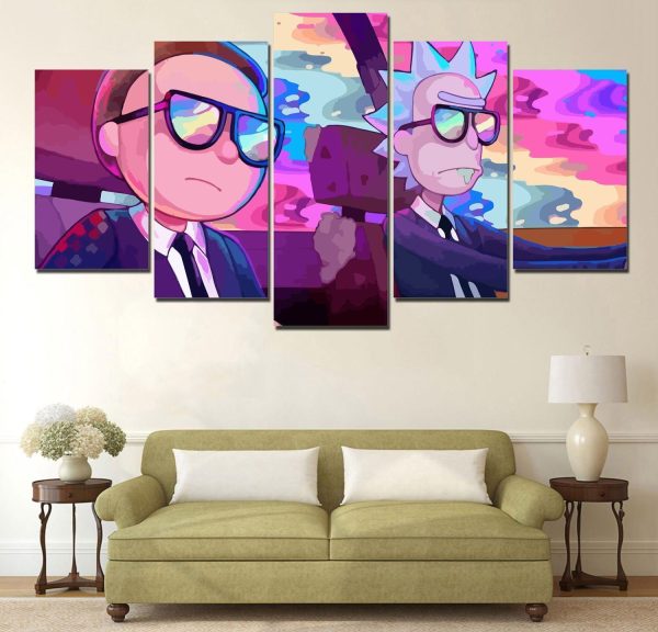 Rick And Morty Driving Cartoon - 5 Panel Canvas Art Wall Decor