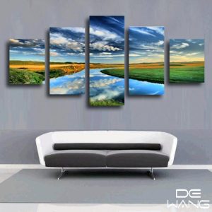 River And Blue Sky Landscape - Nature 5 Panel Canvas Art Wall Decor