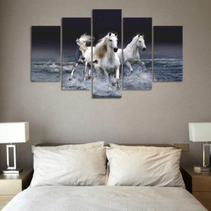 River Running White Horses - Animal 5 Panel Canvas Art Wall Decor