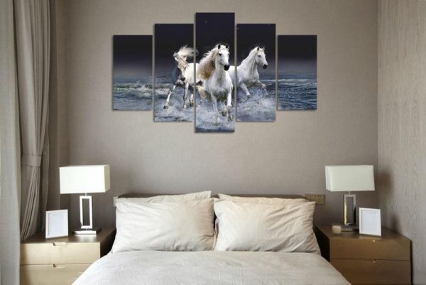 River Running White Horses - Animal 5 Panel Canvas Art Wall Decor