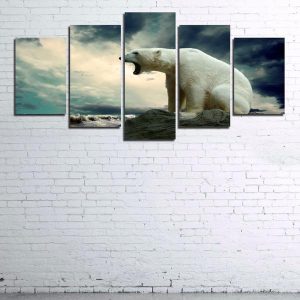 Roaring Polar Bear Winter 01 - Animal 5 Panel Canvas Art Wall Decor