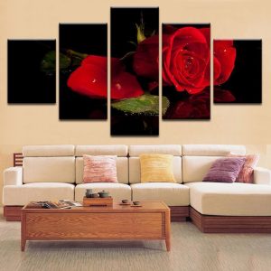 Rose With Water Droplets - Nature 5 Panel Canvas Art Wall Decor