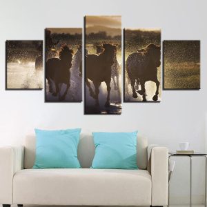 Running Fine Horses 2 - Animal 5 Panel Canvas Art Wall Decor