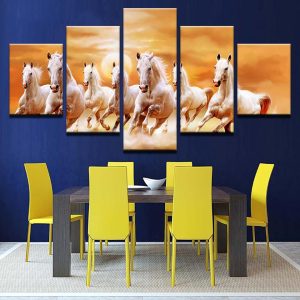 Running Fine Horses At Sunset Scenery - Animal 5 Panel Canvas Art Wall Decor