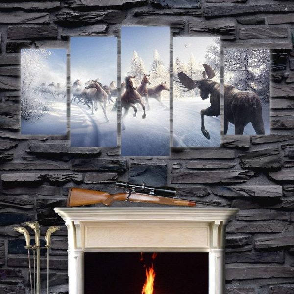 Running Horse And Elk In Snow Winter Deer - Animal 5 Panel Canvas Art Wall Decor