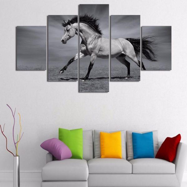 Running Horses In Black And White - Animal 5 Panel Canvas Art Wall Decor