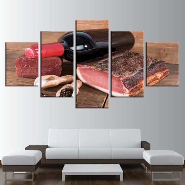 Rwine And Meat Kitchen Food Restaurant - Wine 5 Panel Canvas Art Wall Decor