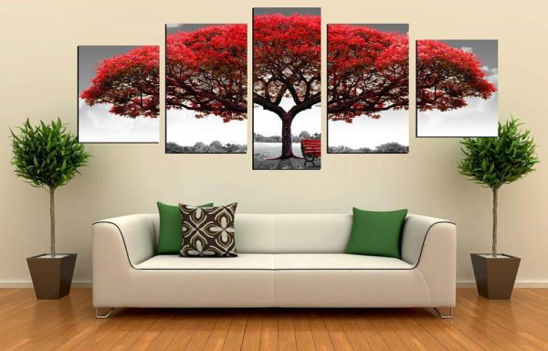 Safe Under Big Red Tree - Nature 5 Panel Canvas Art Wall Decor