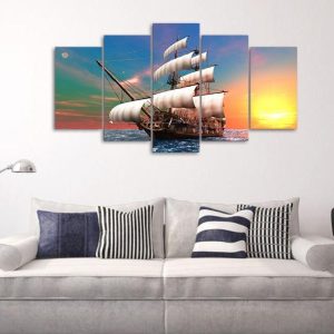 Sailboat Dawn The Sea - Movie 5 Panel Canvas Art Wall Decor