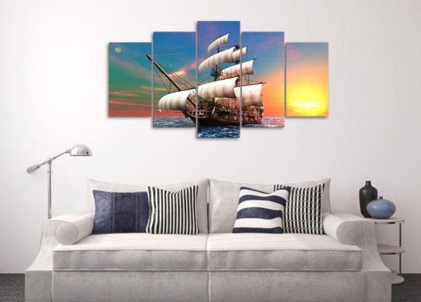 Sailboat Dawn The Sea - Movie 5 Panel Canvas Art Wall Decor