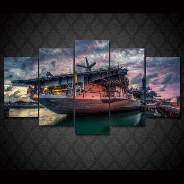 San Diego Bay Uss Midway - Nature 5 Panel Canvas Art Wall Decor