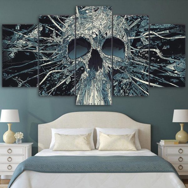 Scary Skull Mask Skeleton King Abstract - Abstract 5 Panel Canvas Art Wall Decor