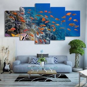 School Of Fish Underwater - Animal 5 Panel Canvas Art Wall Decor