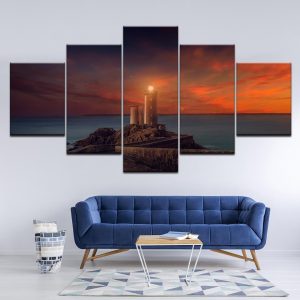 Sea Lighthouse Rosy Clouds Scenery - Nature 5 Panel Canvas Art Wall Decor