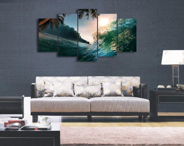 Sea Wave Beautiful Sunset - Nature 5 Panel Canvas Art Wall Decor