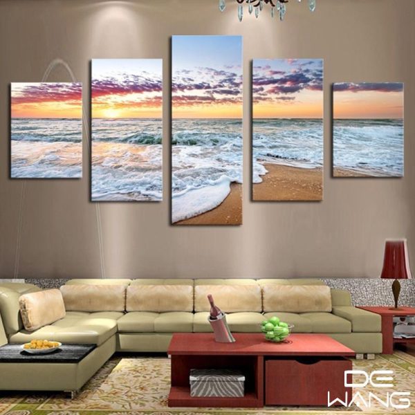 Sea Waves And Purple Orange Sky - Space 5 Panel Canvas Art Wall Decor