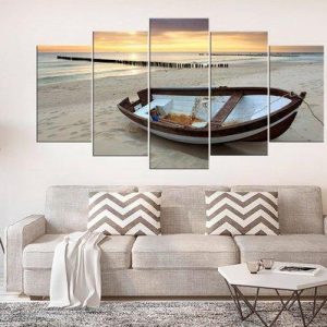 Seashore And Boat Ocean - Nature 5 Panel Canvas Art Wall Decor