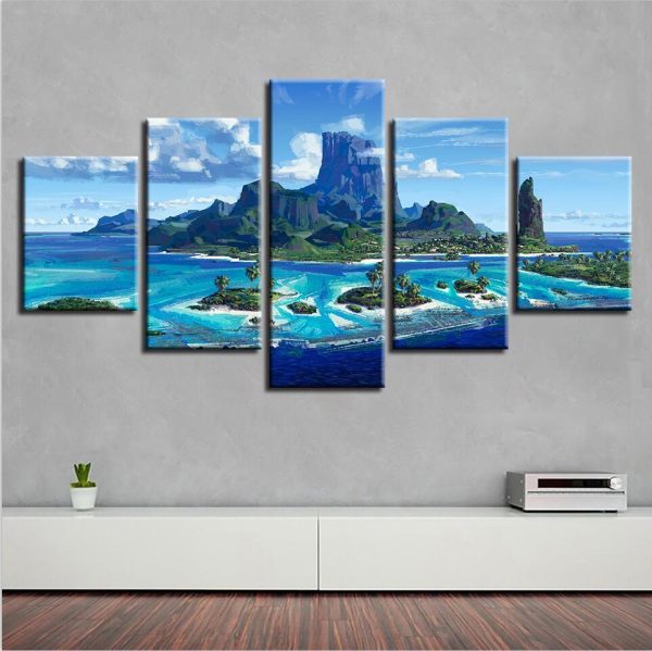 Seaview Mountain Peaks Sunshine - Nature 5 Panel Canvas Art Wall Decor