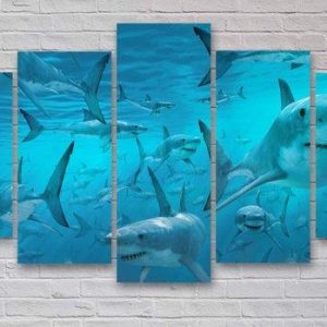 Sharks Underwater - Animal 5 Panel Canvas Art Wall Decor