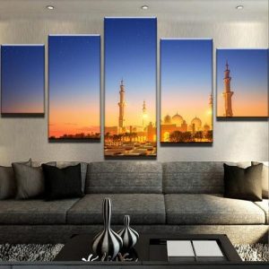 Sheikh Zayed Grand Mosque At Dusk - Nature 5 Panel Canvas Art Wall Decor