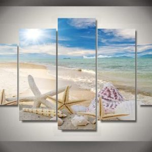 Shells And Starfish On The Beach - Space 5 Panel Canvas Art Wall Decor