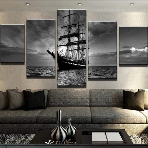 Ship Set Sail On Ocean At Night - Automative 5 Panel Canvas Art Wall Decor