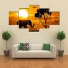 Silhouette Of Elephant - Animal 5 Panel Canvas Art Wall Decor