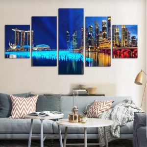 Singapore Cityscape Night - Nature 5 Panel Canvas Art Wall Decor