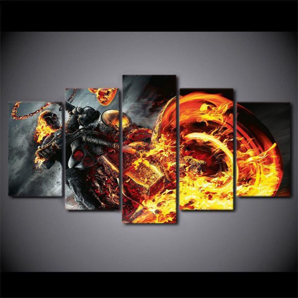 Skull Flame Motorcycle - Automative 5 Panel Canvas Art Wall Decor