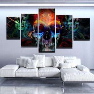 Skulls And Roses - Abstract 5 Panel Canvas Art Wall Decor