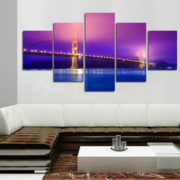 Skyline In Purple Sky - Nature 5 Panel Canvas Art Wall Decor