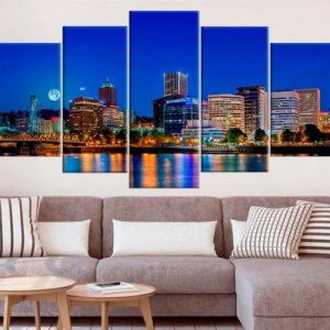 Skyline Portland Large Oregon Portland Cityscape - Nature 5 Panel Canvas Art Wall Decor