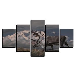 Snow Cappmountains Deer - Animal 5 Panel Canvas Art Wall Decor