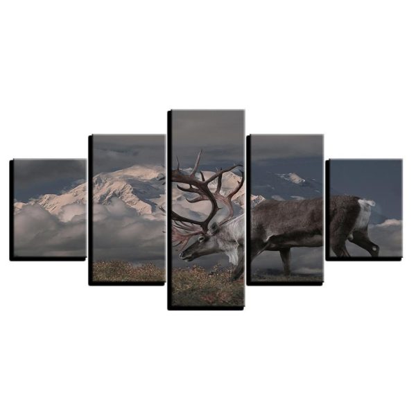 Snow Cappmountains Deer - Animal 5 Panel Canvas Art Wall Decor