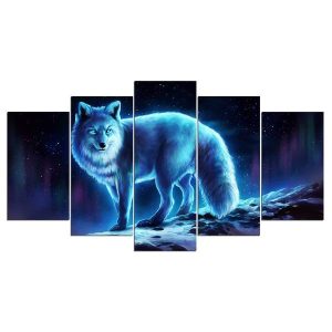 Snow Fox In Night - Animal 5 Panel Canvas Art Wall Decor