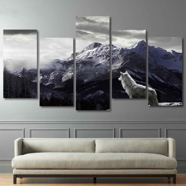 Snow Mountain Plateau Wolf Nature - 5 Panel Canvas Art Wall Decor