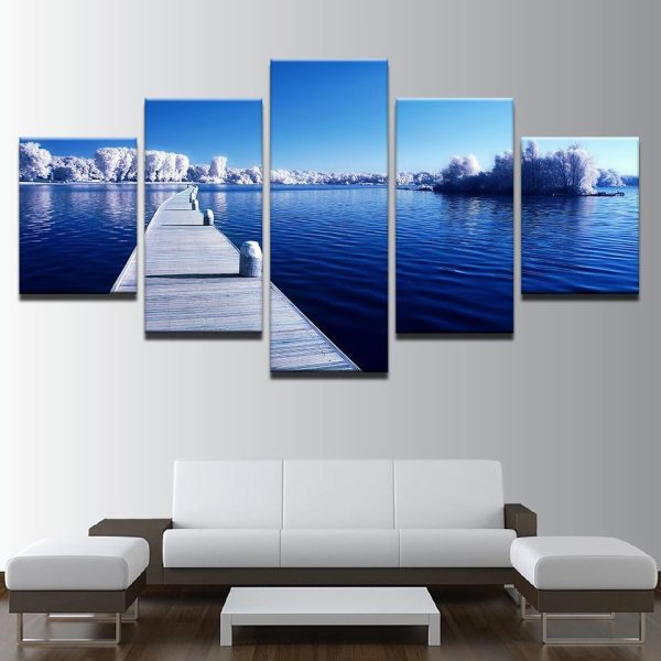 Snow Trees Forest Long Bridge Blue Ocean Lake - Nature 5 Panel Canvas Art Wall Decor