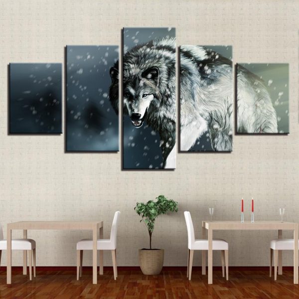 Snow Wolf 2 - Animal 5 Panel Canvas Art Wall Decor