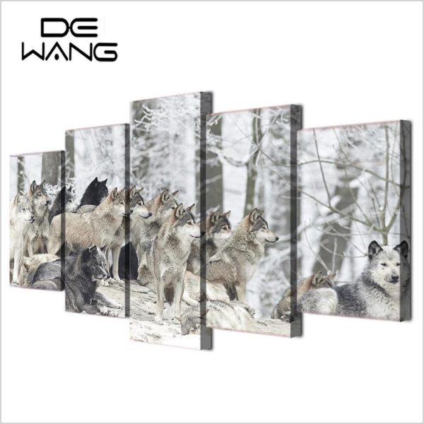 Snow Wolves In The Woods - Animal 5 Panel Canvas Art Wall Decor