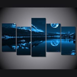 Snowy Night Moon - Nature 5 Panel Canvas Art Wall Decor