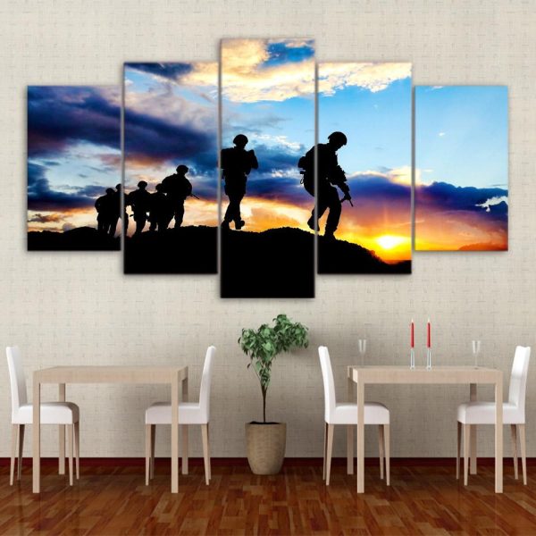 Soldier Sunset Silhouet - Army 5 Panel Canvas Art Wall Decor