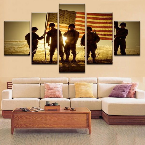 Soldiers Standing In A Flag Draped Sunset Silhouette - Army 5 Panel Canvas Art Wall Decor