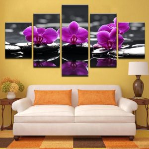 Spa Stones Moth Orchid Flowers - Nature 5 Panel Canvas Art Wall Decor