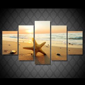 Starfish On Beach Ocean Sea At Sunset 05 - Space 5 Panel Canvas Art Wall Decor