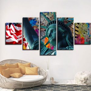 Statue Of Liberty And American Flag - Abstract 5 Panel Canvas Art Wall Decor