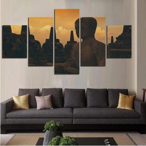 Stone Buddha Buddhism Sunset - Religion 5 Panel Canvas Art Wall Decor