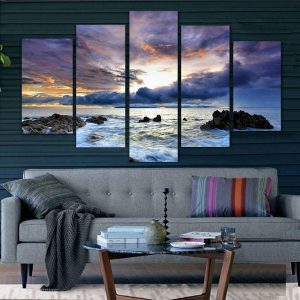 Stormy Sunset On A Rocky Ocean Shore - Nature 5 Panel Canvas Art Wall Decor