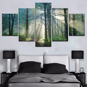 Sun Green Tree Forest Nature - 5 Panel Canvas Art Wall Decor